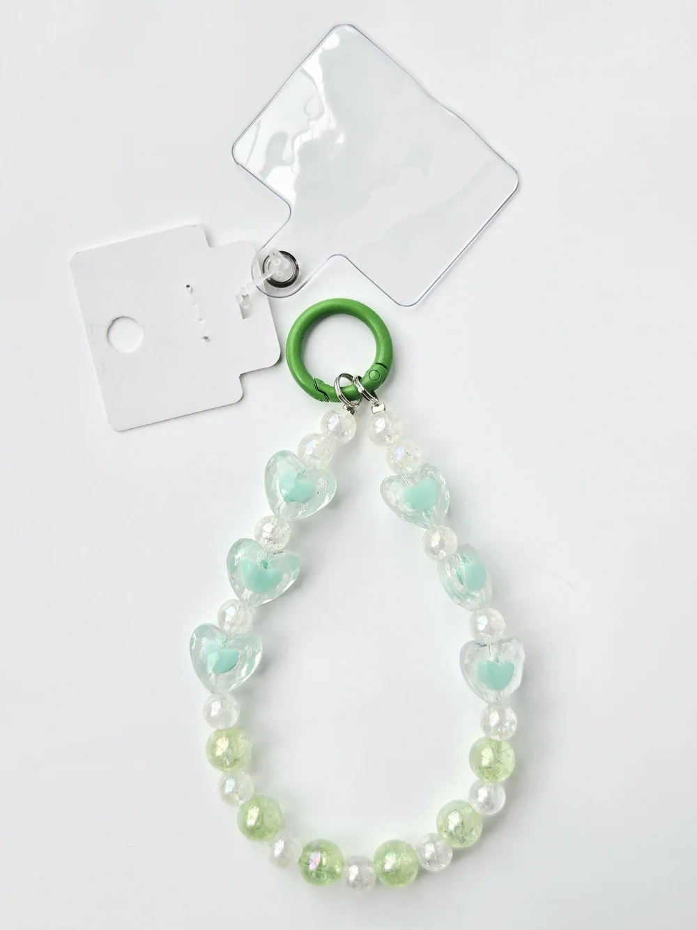 Y2K Light Green Beaded Heart Phone Wristlet Charm Strap w/ Clear Insert NWT 🌺